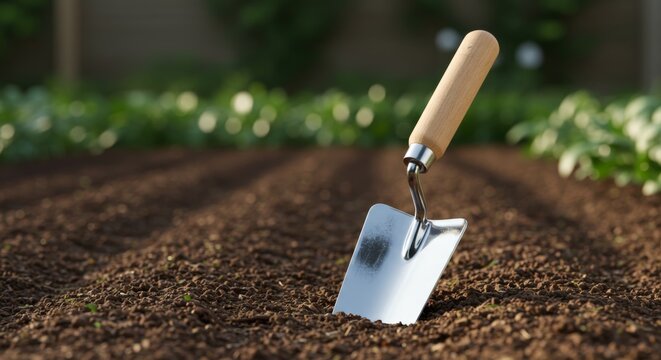 Garden trowel plunged in soil after work in the vegetable garden