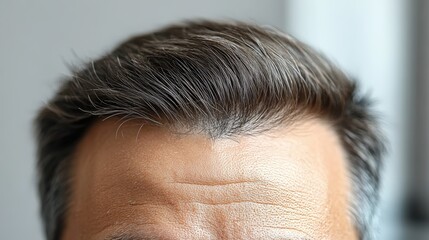 Man with receding hairline and thinning hair against a clean white background