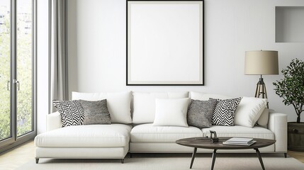 Fototapeta premium Clean elegant interior mockup showcasing ISO A size framed poster Neutral tones minimalist art and sleek decor enhance the stylish modern living space ambiance