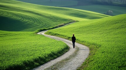 Fototapeta premium Person walking winding country road through green hills. Possible use nature wallpaper, travel brochure, landscape