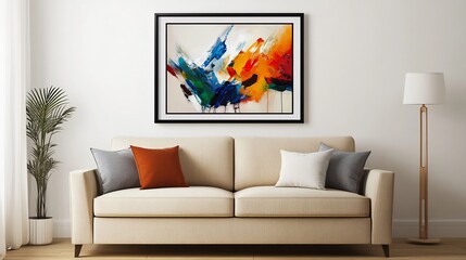 Clean minimalist interior featuring a framed ISO A size poster of modern art elegantly positioned above a beige sofa