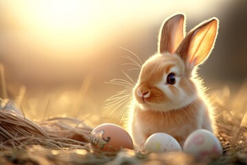 A spring meadow covered in green grass, adorned with an Easter bunny and colorful Easter eggs