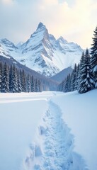 A vast expanse of untouched snow stretches under a pale sky, winter forest, frosty peaks