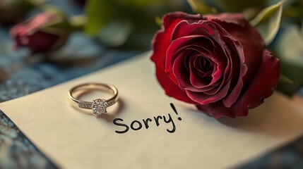 Heartfelt Apology: A symbolic close-up of a red rose next to a ring on a note apologizing, conveying heartfelt emotions and regret. 