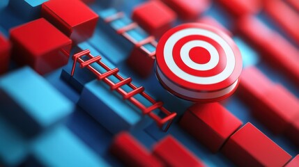Abstract composition featuring red and blue geometric shapes with a target symbol and ladder