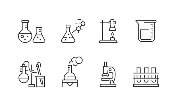 A comprehensive set of 8 chemistry laboratory icons representing scientific tools and processes used in chemical research and experiments, ideal for educational communication. Vector illustration
