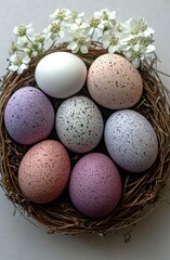 Top-down perspective of an Easter flat lay with robin's eggs, chocolate eggs, and nests in muted colors