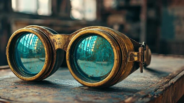 Rustic vintage goggles reflecting industrial urban scenes in retro ambiance