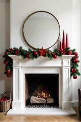 Festive red and green garlands draped over a fireplace, cozy, decorations, mantel