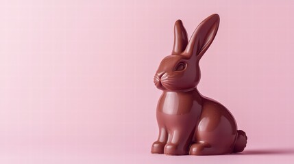Obraz premium Chocolate Easter Bunny: A delightful chocolate bunny sits poised against a pastel pink backdrop, a sweet symbol of Easter joy. capturing the delectable treat and festive spirit.