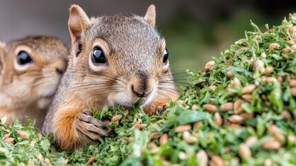 Fototapeta premium Two squirrels eating seeds close up