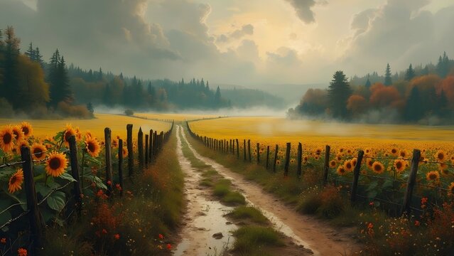 Sunflower field along rainy dirt road