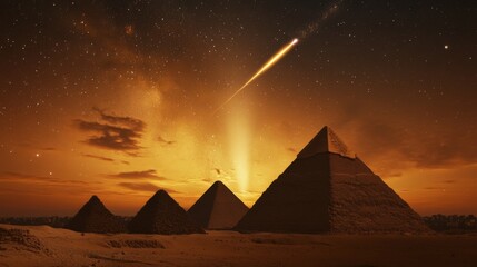 Pyramids at night, meteor shower, ancient Egypt, historical background. Possible stock photo use