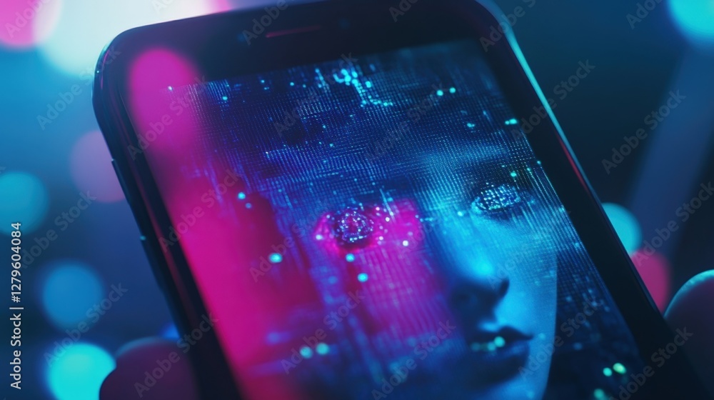 Poster futuristic smartphone with facial recognition software scanning user's biometric data with digital d