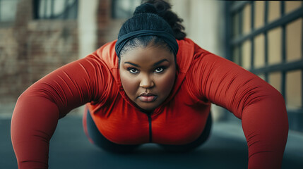Determined woman doing push-ups. Focused expression, red athletic wear. Indoor fitness, body positivity, and powerful workout mindset.