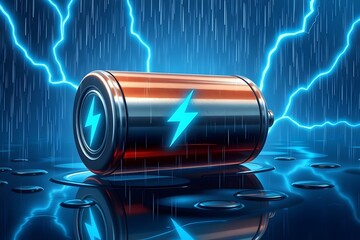 Futuristic energy tech concept. Advanced lithium ion battery with high voltage charging. Neon blue lightning surrounds modern battery. Powerful energy storage illustration