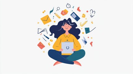 Woman Surrounded by Colorful Office Supplies and Documents, Illustration