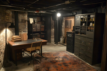 Dark basement storage room with a desk, evoking mystery and industrial vibes