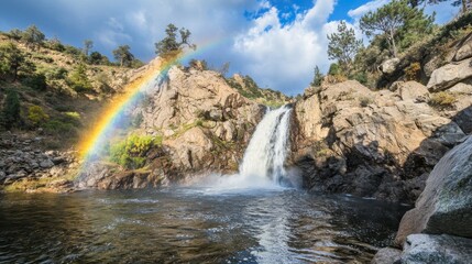 Obraz premium Rainbow Waterfall cascading over rocks, scenic mountain landscape