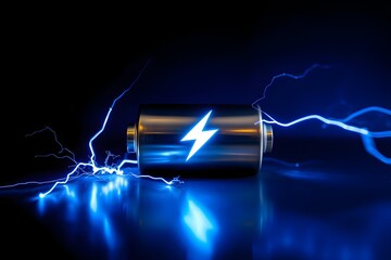 Futuristic energy tech concept. Advanced lithium ion battery with high voltage charging. Neon blue lightning surrounds modern battery. Powerful energy storage illustration