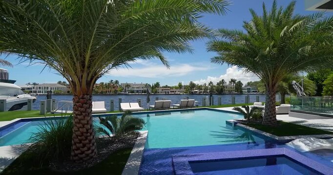 Luxury poolside with tropical palm trees, overlooking a calm waterfront with yachts and lounge chairs under a clear blue sky. Florida, USA. 4K 