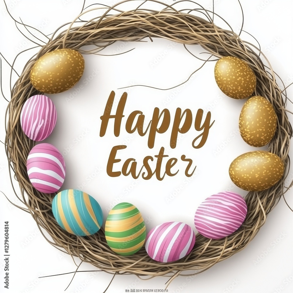 Poster a joyful easter card featuring eggs. numerous colorful, realistic eggs are positioned to create a la