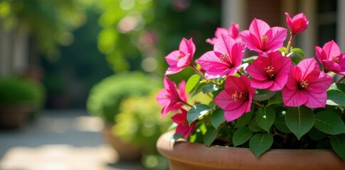 Pink Bougainvillea blooms in a large planter on a patio, ornamental, floral