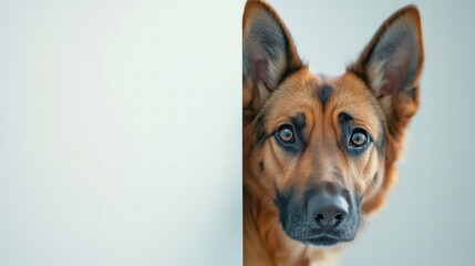 Obraz premium German Shepherd Behind the Corner: A captivating German Shepherd, its intelligent eyes filled with curiosity, peeks out from behind a corner, inviting viewers into a world of canine charm and loyalty.