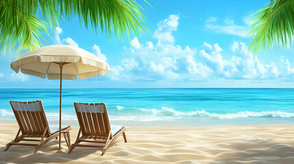 Tropical Beach Banner with Umbrella and Lounge Chairs by Calm Sea