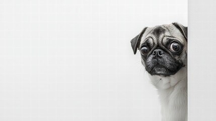 Pug's Curious Gaze: A charming pug peeks around a corner, its big, expressive eyes conveying a sense of playful curiosity and anticipation.