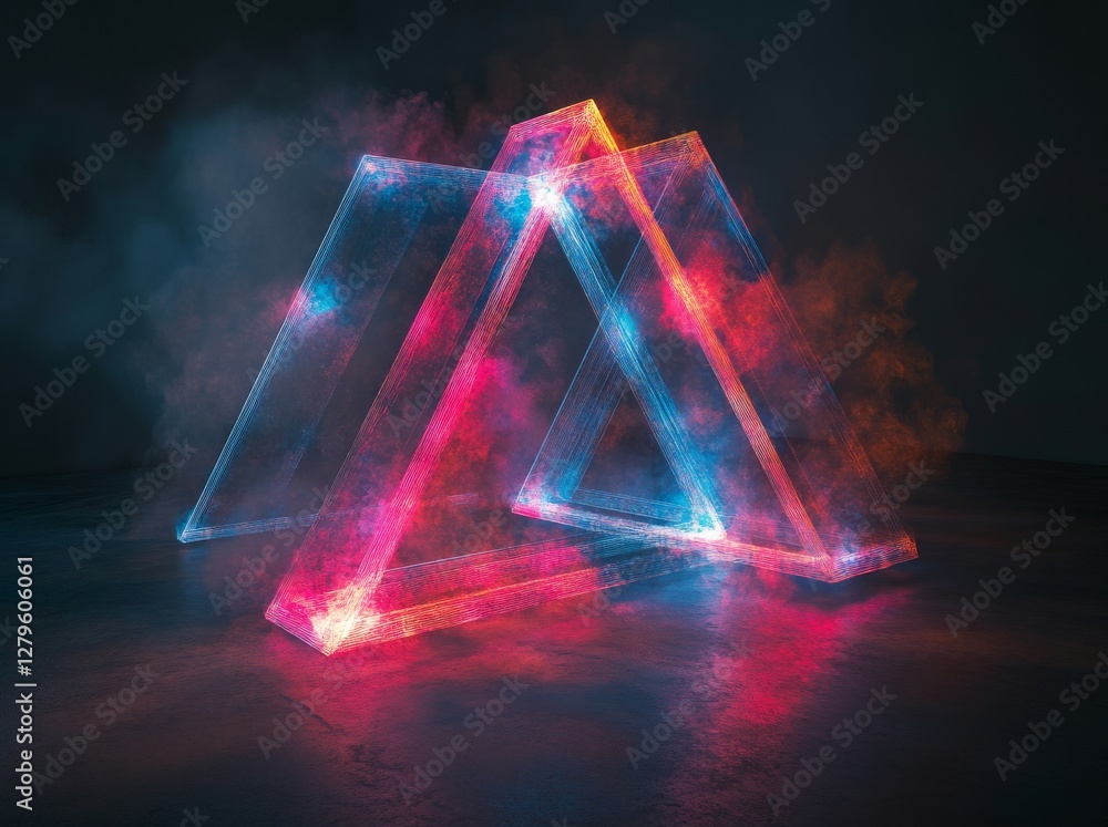 Poster neon lines in vibrant rainbow hues converge to create a luminous arrow on a stark black canvas, craf