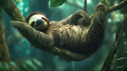 A sloth hanging on a branch and sleeping
