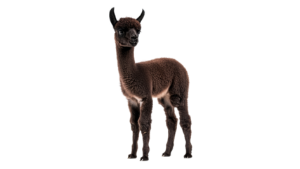 Brown baby llama standing with alert posture