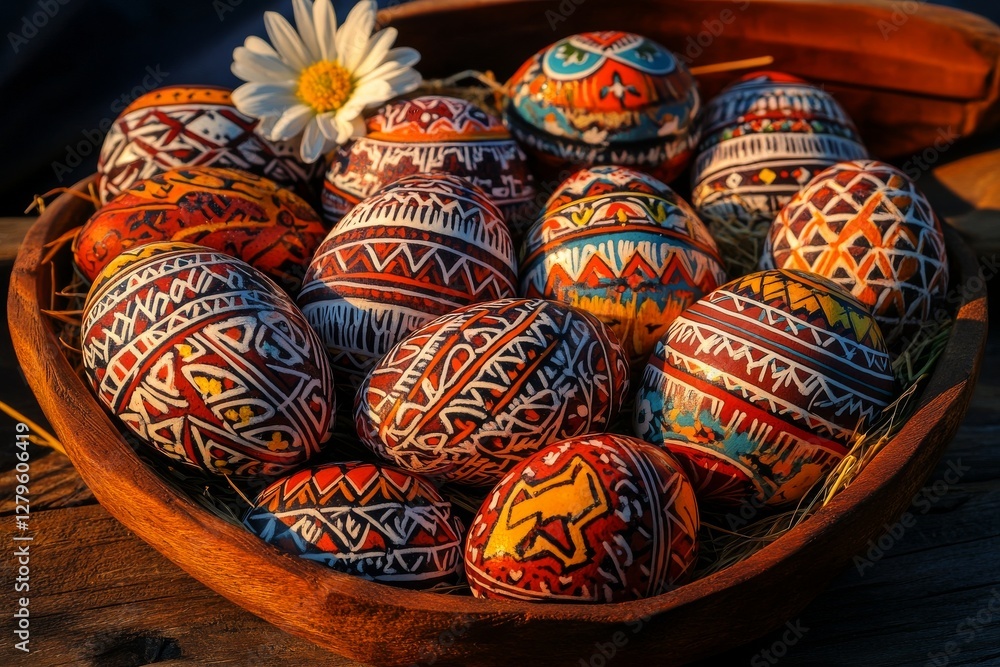 Poster a serene concept of happy easter with an elegant arrangement of easter eggs and spring flowers on a 