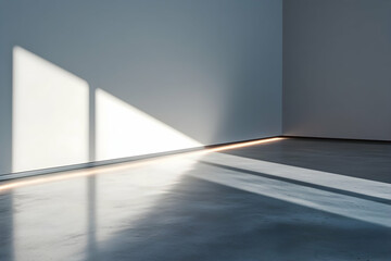 Empty corner of a room with light streaks illuminating a polished concrete floor, highlighting minimalism and simplicity