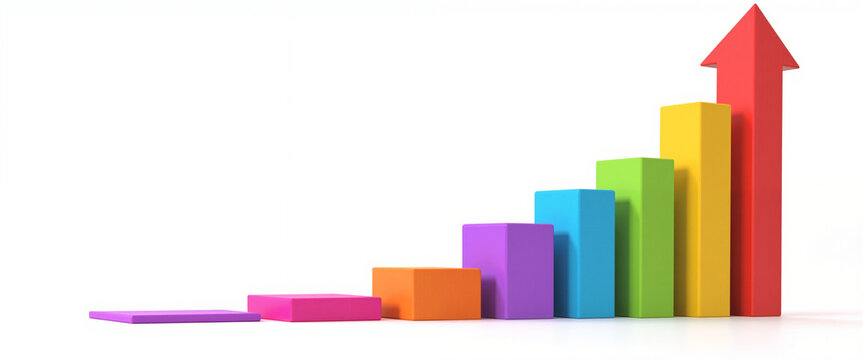 Colorful 3D bar graph representing growth with an upward arrow conveying success and innovation in a minimalist setting