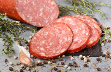 sliced ​​round pieces of sausage, top view