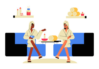 Fototapeta premium Two Women Relaxing In A Spa Lounge, Drinking Tea And Chatting, Flat Vector Illustration Symbolizing Wellness, Self Care, And Relaxation, Isolated On White Background