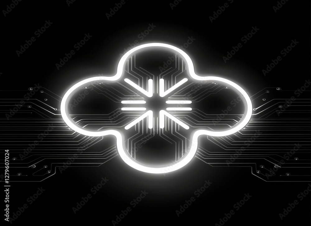 Poster a dynamic, neon cloud icon pulses with circuitry lines, symbolizing digital data storage and process