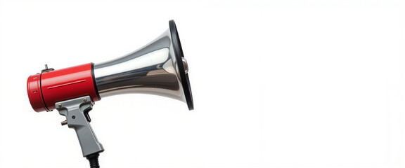 Megaphone with a shiny silver finish and a bright red body conveying a sense of communication and authority in a minimalist white background