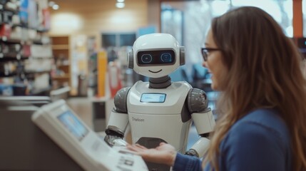 Robot cashier assisting customer in store