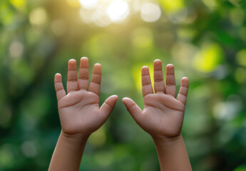 Child's hand with open palm praying to God outdoors, natural background with sun flare, spiritual connection, serene and hopeful atmosphere