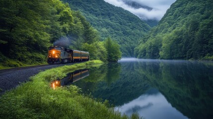 Fototapeta premium Scenic Train Journey Through Lush Forest and Misty Mountain Landscape