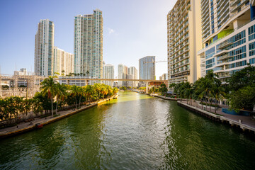Aerial view of the Miami River winter sunset