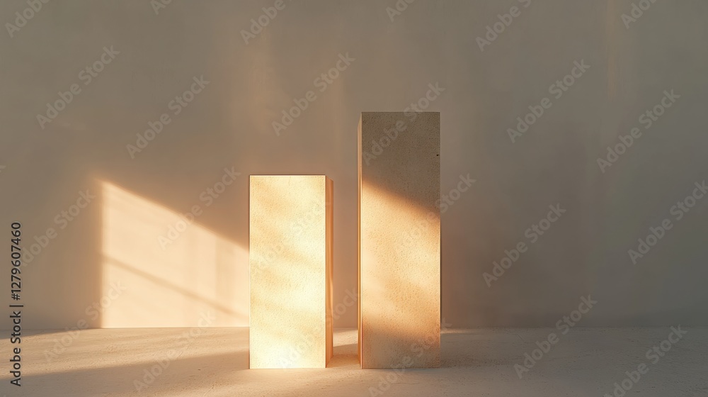 Poster minimalistic wooden blocks casting shadows in a softly lit room with subtle textures