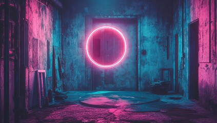 The image features a geometric shape, specifically a blank round frame, amidst a 3D render of an abstract blue background with a glowing round shape and bright light