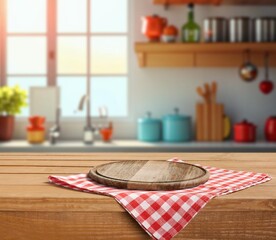 Kitchen wooden table product display in interior.