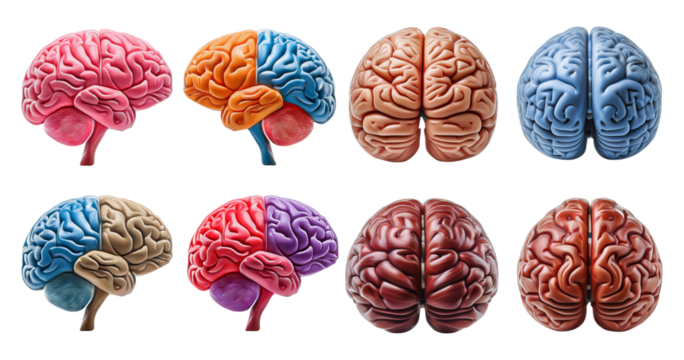 Colorful Human Brain Models Showcasing Different Anatomical Features, isolated on transparent background