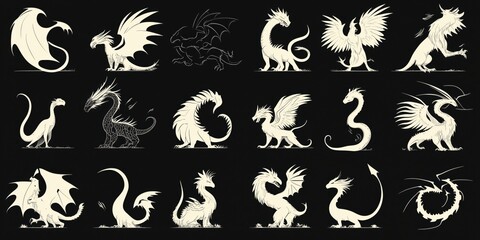 Set of white dragon silhouettes creating a fantastic atmosphere of mystery and power