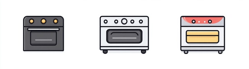A set of three kitchen appliance icons featuring a stove, an oven, and a range. These icons have simple, clean designs suitable for websites or apps
